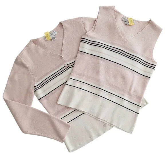 Petite Sophisticate Striped Sweater Set | EUC | XSP | Pink Cream Navy - Picture 1 of 16